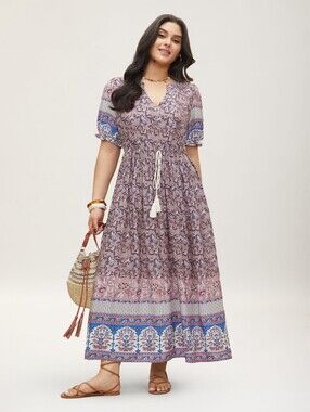 BOHO MAUVE FLORAL MAXI DRESS PUFF SLEEVE V NECK POCKETS 🌸